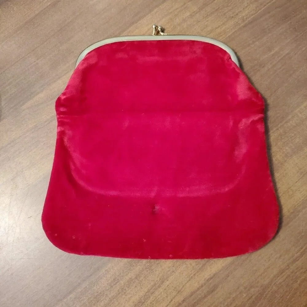 Red Velvet Evening Folding Clutch Hand Bag Purse Vintage Gold Tone Hardware
